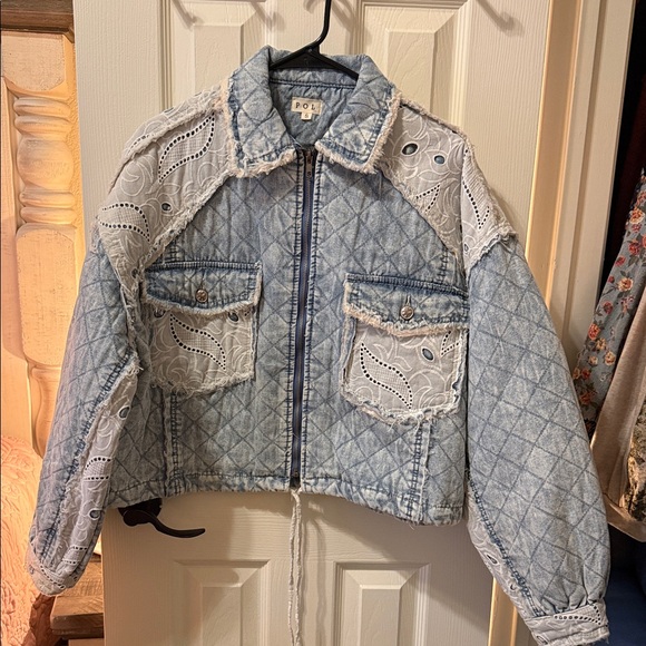 POL Jackets & Blazers - POL Light Blue Quilted Denim Jacket with White Lace Trim